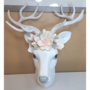 December Diamonds White Deer Head Mount w/ Magnolia Decor Christmas Holiday